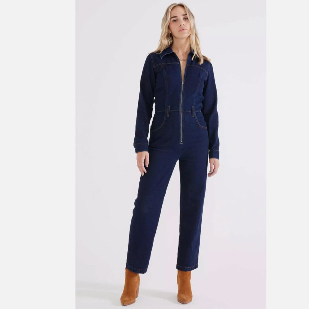 Etica Farrah Denim Jumpsuit Blue Womens Small Straight Leg Zip Front Long Sleeve